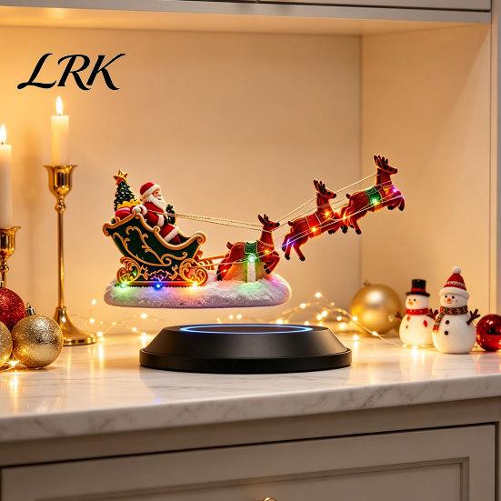 Desktop Christmas Decoration Lighted Floating Santa Sleigh, Magnetic Levitation Flying Sleigh Ornament with Office LED Light, Centerpiece for