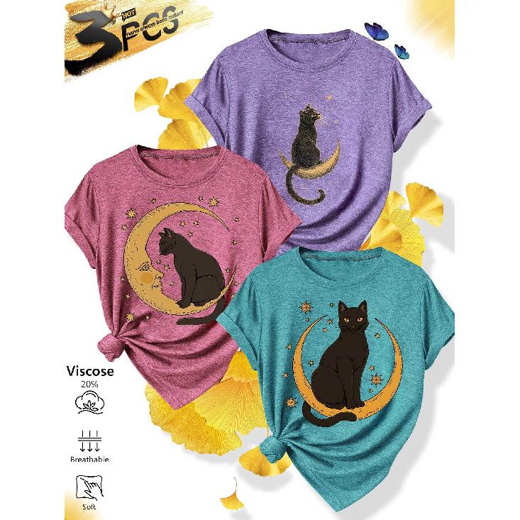 3Matching outfits for sisters  family gatherings Star and Moon Black Cat Mysterious Print Casual Round Neck Fresh and Versatile Soft Knit Fabric 1XL