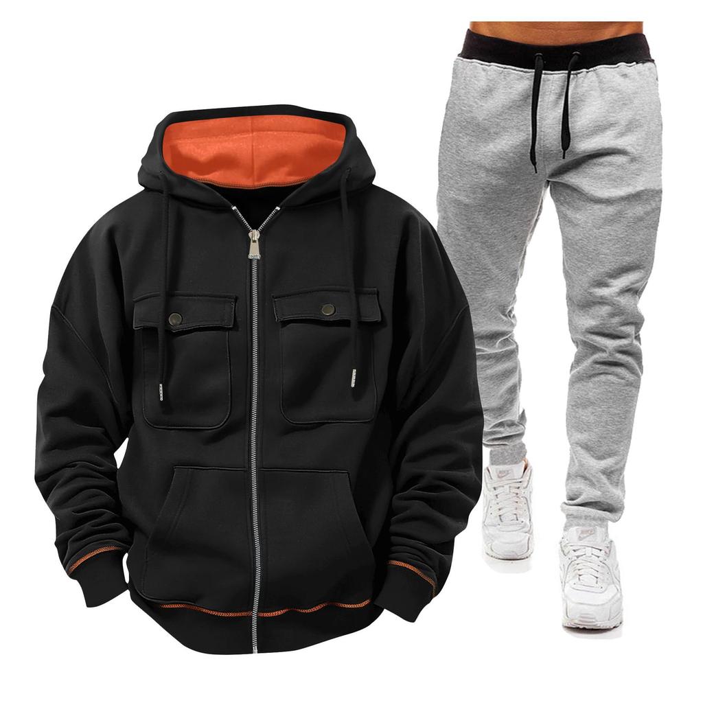 Pánská fleecová mikina s kapucí, sada se zapínáním na zip s dvojitou kapsou a plyšovou podšívkou - Ležérní sportovní oblečení