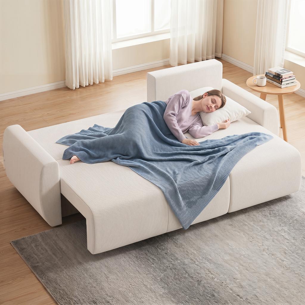 Sleeper Sofa with Reversible Chaise Longue, L-Shaped 3-Seater Sofa with Velour Cover, Cream White