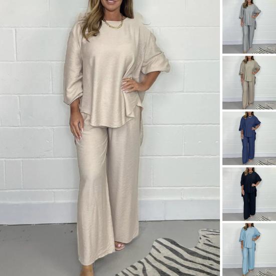 

2 шт./компл., женский пуловер, брючный костюм, женские весенне-осенние свободные брюки, наряд с широкими штанинами, дышащий полиэстер