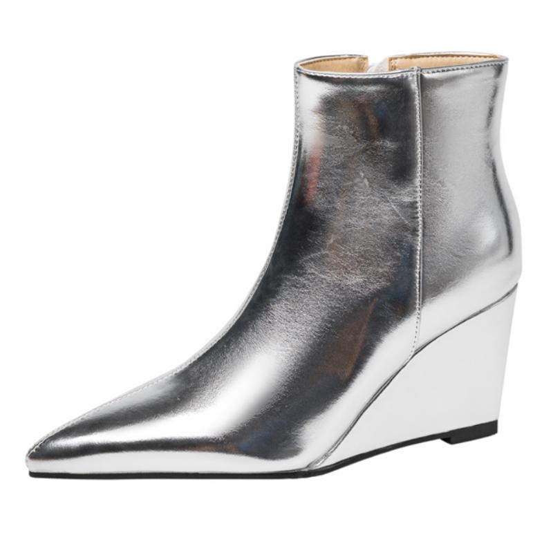 Fashion Wedge Women's Ankle Boots Point Toe Gold Silver Heels Short Boot Zipper Wedges Dance Party Winter Shoes Lady Big Size 45 Brand