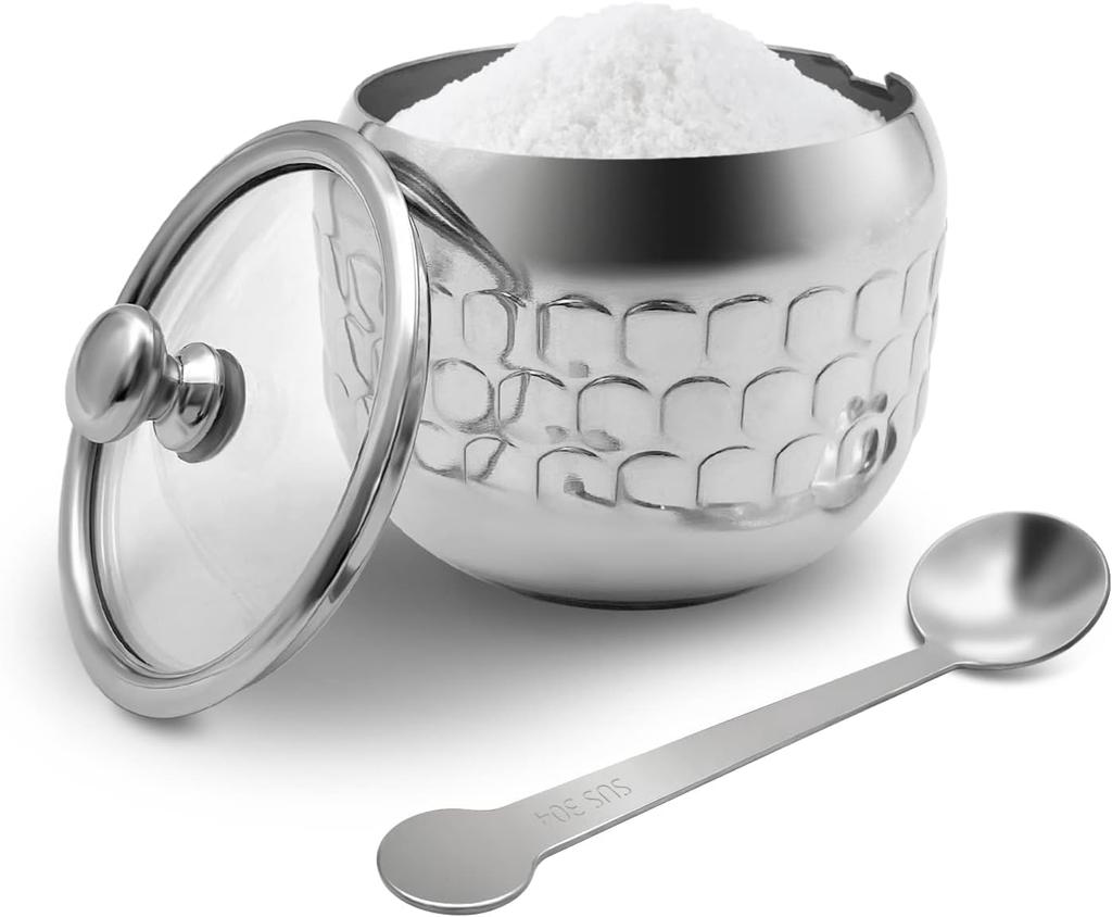1PC Stainless Steel Sugar Bowl Coffee Seasoning Jar Condiment Pot Spice Container Canister Cruet with Glass Lid and Spoon