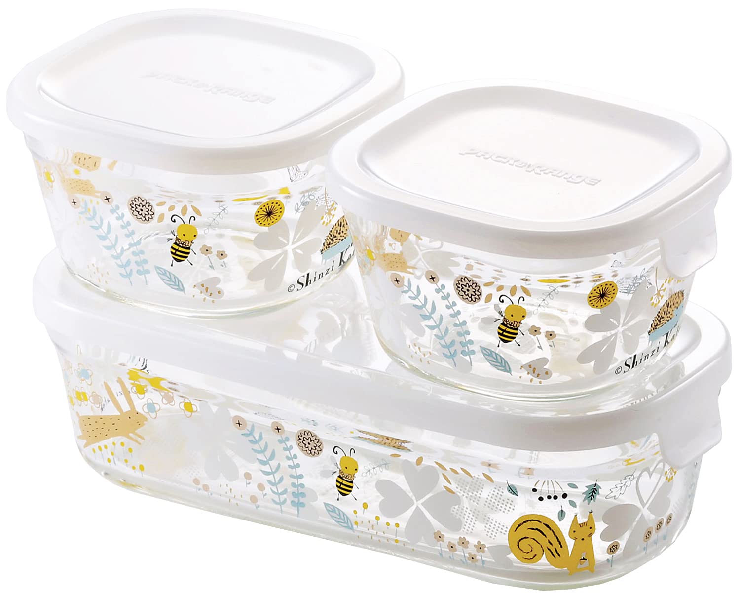 

iwaki Glass Airtight Shinji Kato Nordic Garden Pack Heat-Resistant Containers, Design, Square, 3-Piece Set, & Range, PS-PRNSNF3