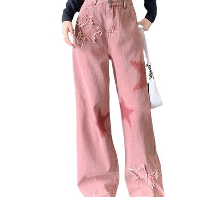 Pantalones vaqueros retro con bordado de cinco estrellas y borde crudo, pantalones sueltos de primavera y otoño, pantalones finos para mujer