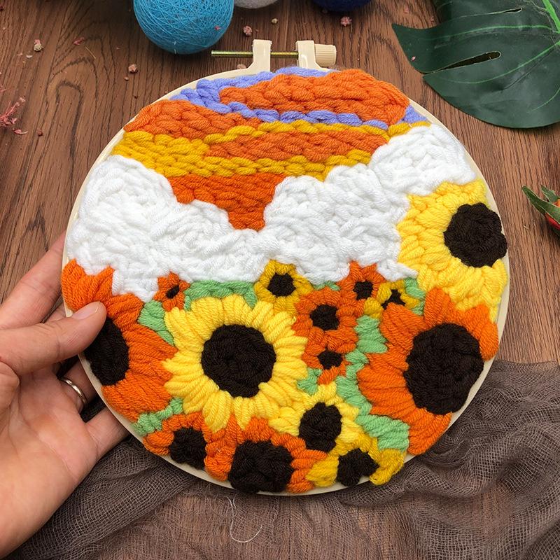 DIY-Sticksets für Anfänger Sonnenblumenmuster Gestempeltes Punch-Needle-Set Landschaftsteppich Hakenkunst mit Stoff Garn Reifen