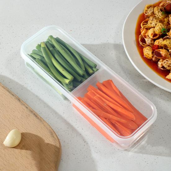 2Pcs Slim Meal Prep Boxes with Lids Long Clear Snack Containers with 2 or 3 Compartments Narrow Stackable Refrigerator Organizer for Fridge Pantry