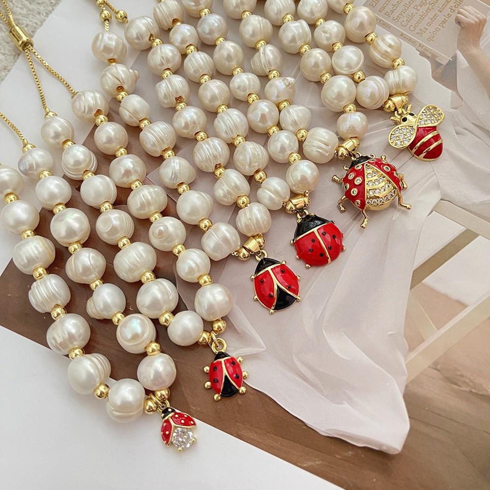 Christmas Ladybug and Bee Handmade Bracelet with Zirconium and Freshwater Pearls