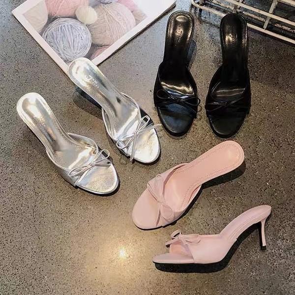 Gentle French bow open-toed high-heeled cool slippers women's 2024 summer new outer wear commuting versatile temperament single shoes