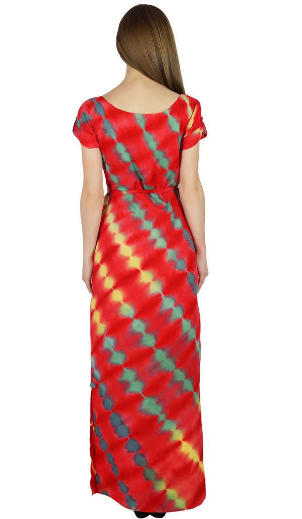 Bimba Women Red Rayon Maxi Dress Tie & Dye Summer Gown W  Slit Resort Wear
