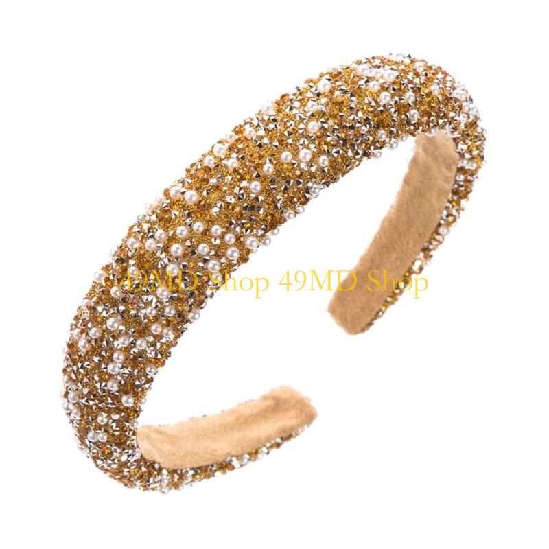 49MD Luxurious Wide Hairband for Women with Sparkling Rhinestones Artifical Pearls золотой