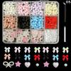 12 rutenett/eske Blandet harpiks Sløyfeknute Nail Art Dekorasjoner 3D Charms Kawaii Fargerik Sløyfe DIY Manikyrverktøy Deler