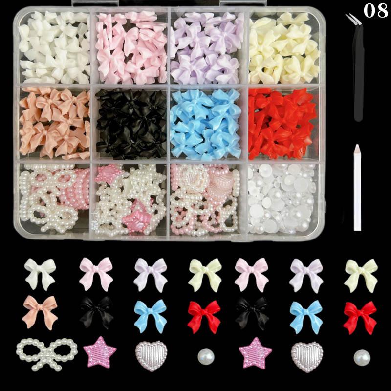 12Grids/Box Mixed Resin Bowknot Nail Art Decorations 3D Charms Kawaii Colorful Bow  Diy Manicure Tools Parts