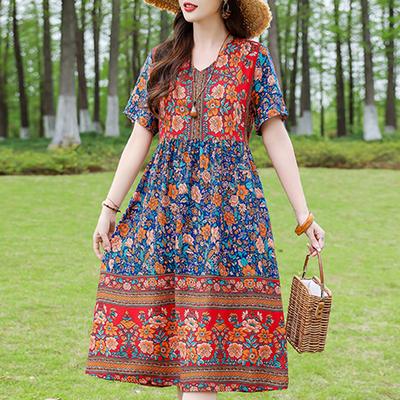 Elegantes Damenkleid Sommer Vintage Kleidung Locker Kurzarm Übergröße Lässige Lange Kleider