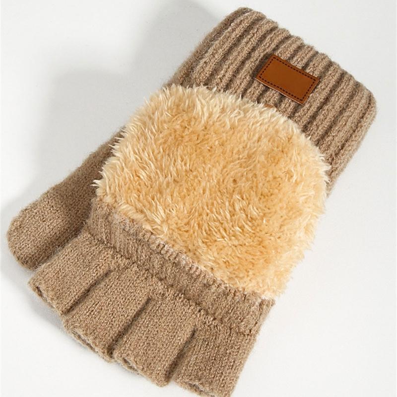 Women Half Finger Winter Gloves Thickened  Insulated Windproof Knit Design With Double Fleece Lining For Cold Weather