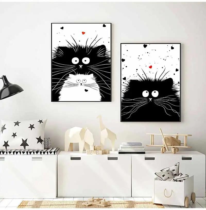 Schattige Zwart-Witte Kat Cartoon Dieren Minimalistische Muurkunst Print Canvas Schilderij Posters voor Woonkamer Moderne Huisdecoratie