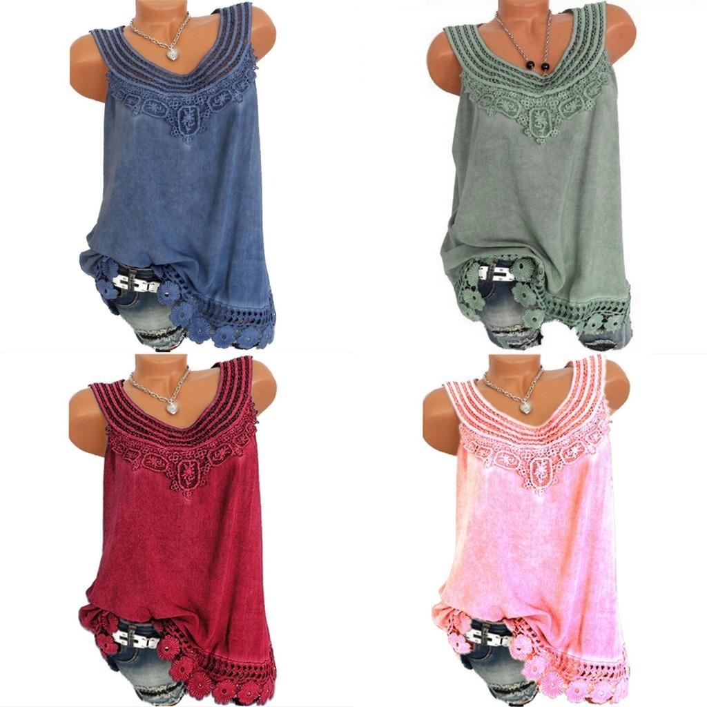 Women's Loose Sleeveless Vest T-shirt Blouse With Elegant Boho Lace Design In Plus Sizes
