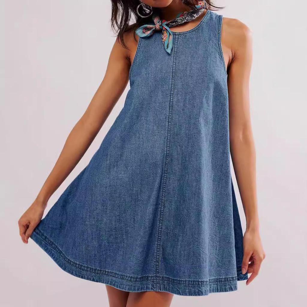 Vestido sin espalda Vestido de mezclilla para mujer Verano Nuevo Casual Sin mangas Halter Falda corta Falda de línea A
