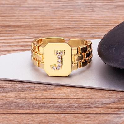 New Arrival Fashion Gold Color Initial Ring Open Design Adjustable Hot Sale Watchband Chain A-Z Letters Zircon Rings For Women