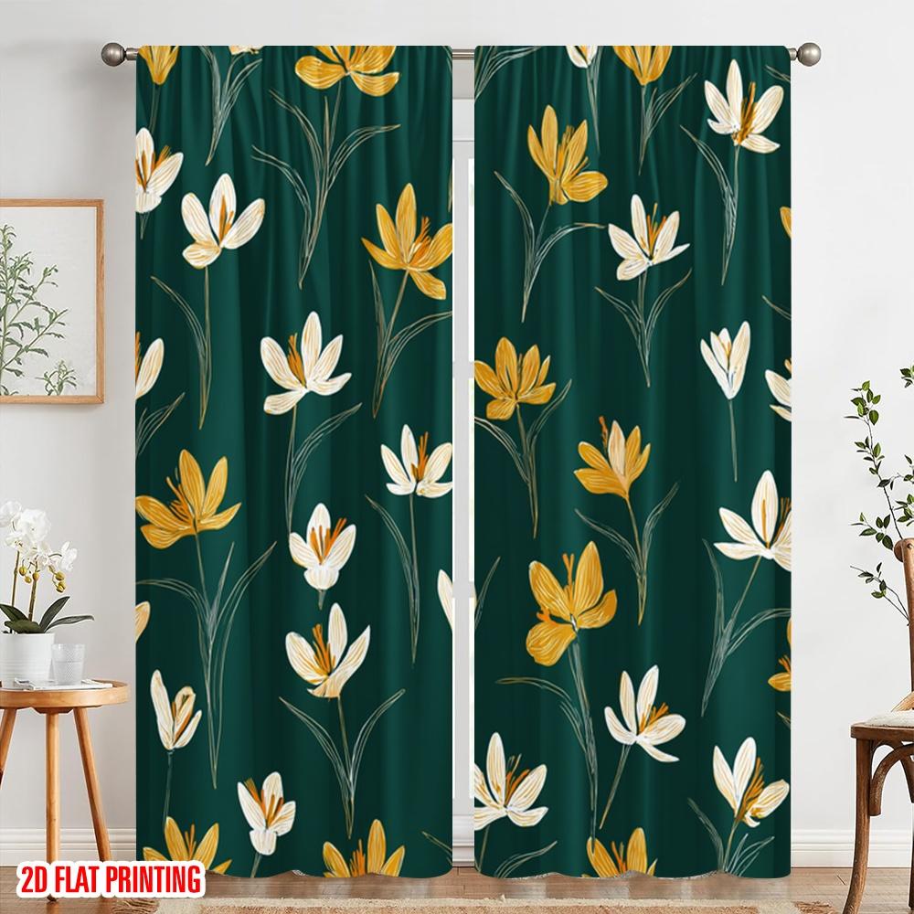2pcs,2D Plane Printing Curtain Fabric Yellow and White Flowers Versatile 100% Polyester (without Rod) Art Deco Festive Use for
