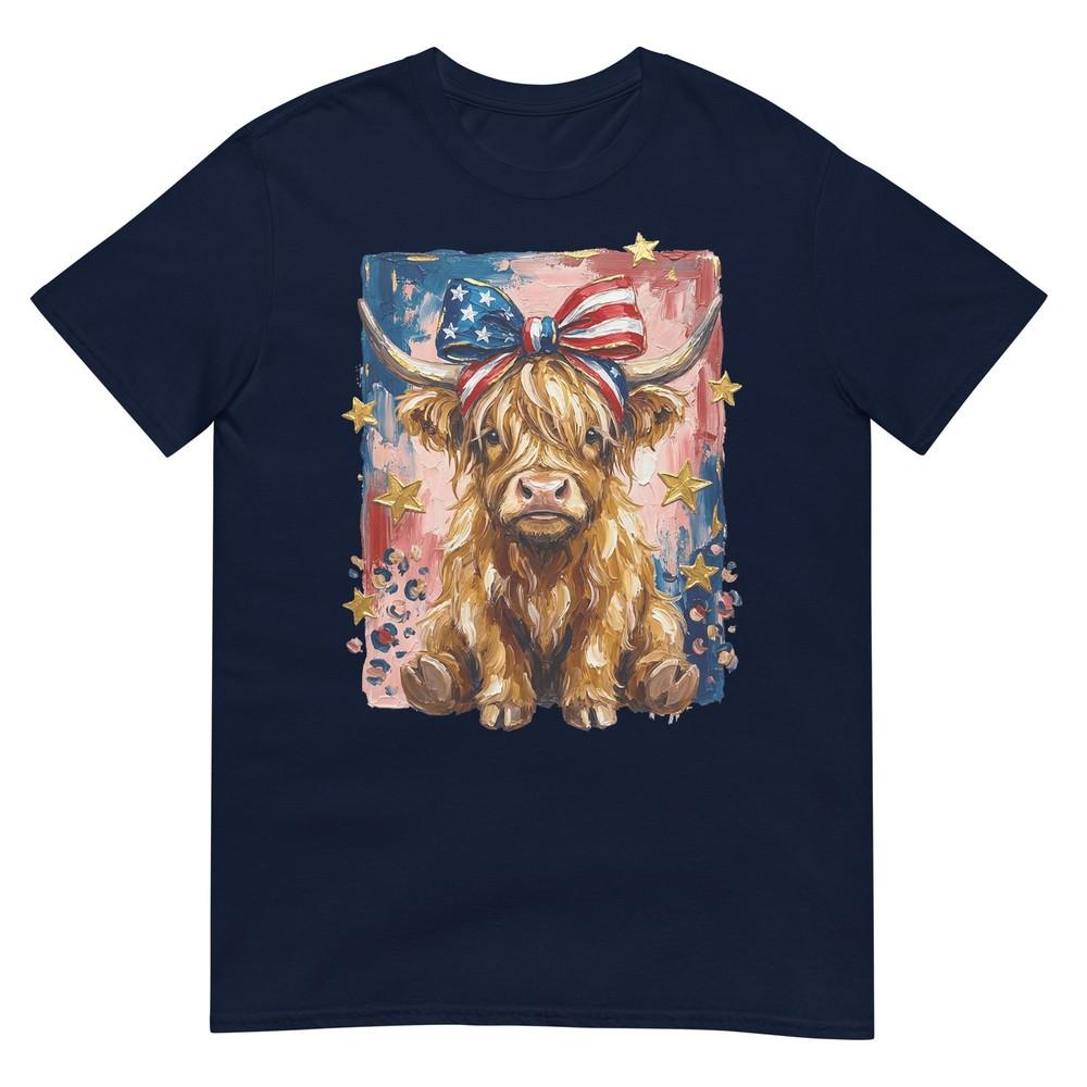 Highland Cow Patriotic Coquette Bow 4th July American Flag TShirt S
