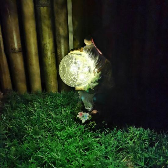 Gnome Statue with Glowing Crack Ball Solar Lights Resin Colorful Dwarf Figurine Ornaments Weatherproof Gnome