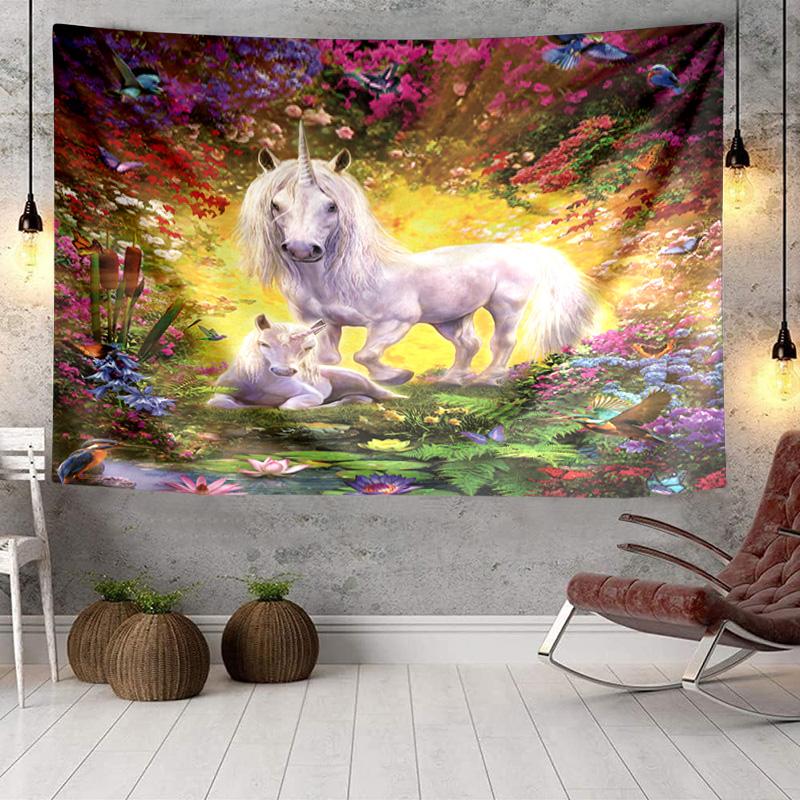 Unicorn In Enchanted Garden Tapestry Room Decoration Wall Hanging for Living Room Bedroom, dormitory, Birthday and Christmas gifts