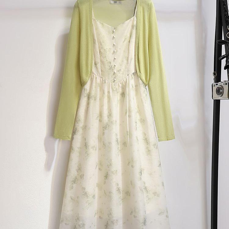 Women's Green Floral Cardigan & Camisole Dress Set - Spring/Summer Seaside Vacation Collection