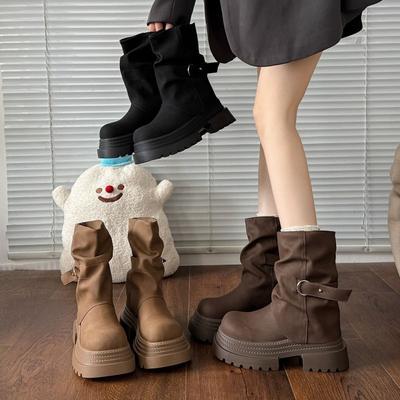 2025 Short Boots Women's Rad Wind Boots Autumn Brown Pile Thick-soled Beauty New Martin Boots Knight Boots Trousers