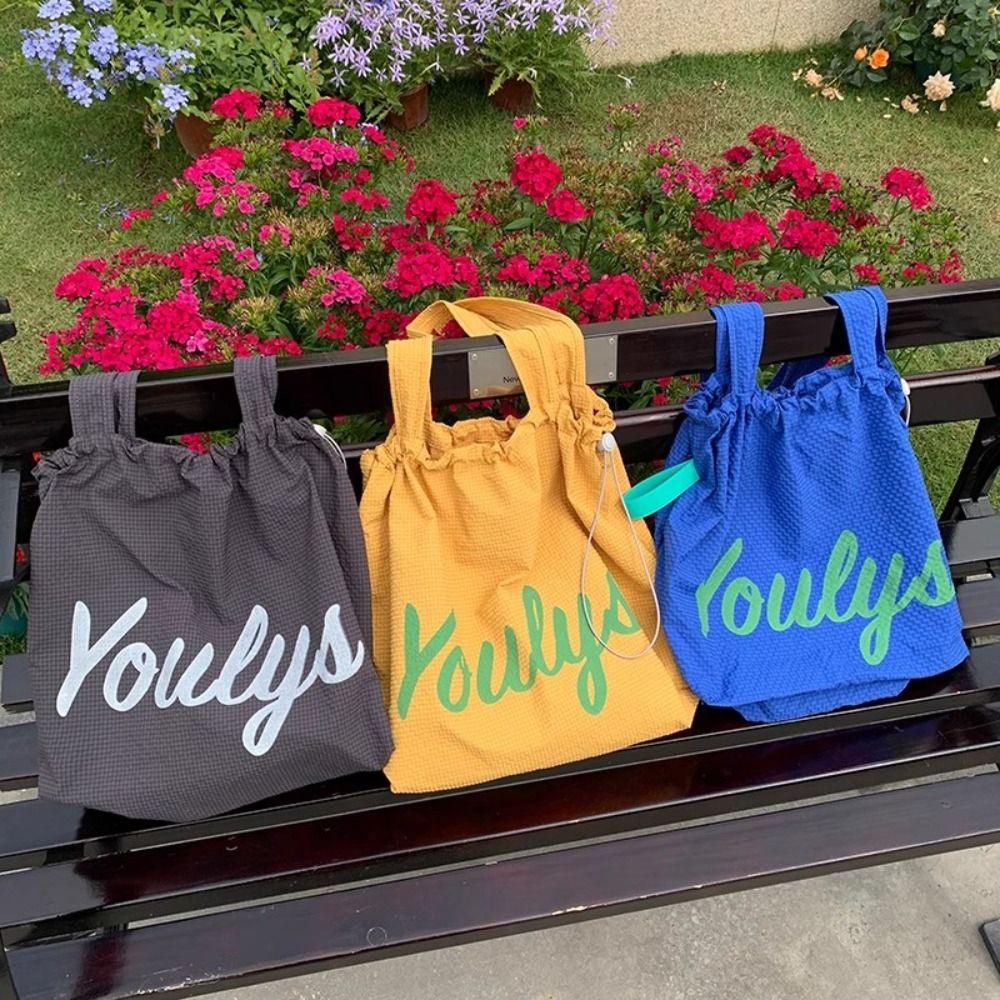

Korean Style Drawstring Tote Bag Large Capacity Letter Printed Handbag Nylon Shoulder Bag Daily темно-сірий колір