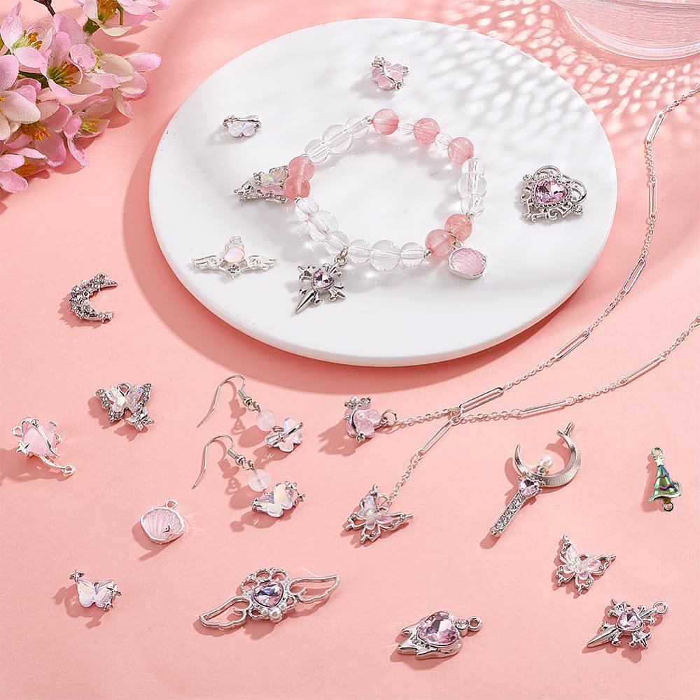 Alloy Resin & Glass Pendants & Connector Charm Findings Kits Mixed Shapes Pink 8~47x13~27mm 2pcs/style