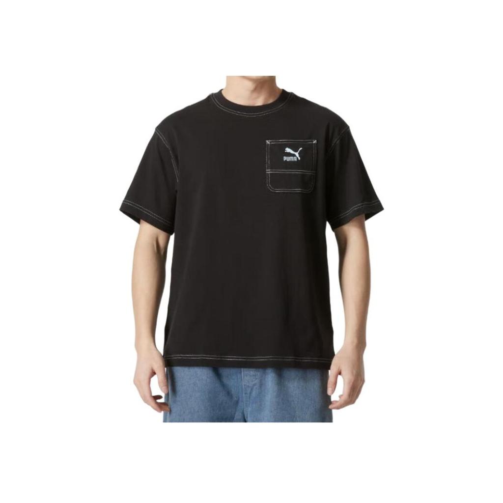 Puma Logo Pocket Design Breathable Casual Sports Round Neck Short Sleeve Drop Shoulder T-Shirt Unisex Tops Black 626858-01