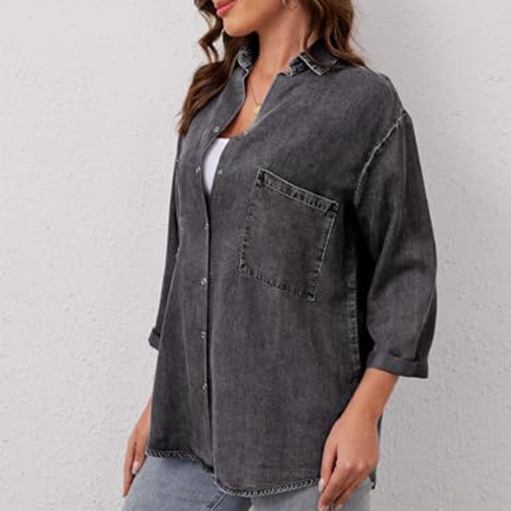 Women's Plus Size Loose Fit Denim Shirt with 3/4 Sleeves and Double Pockets Casual Everyday Top