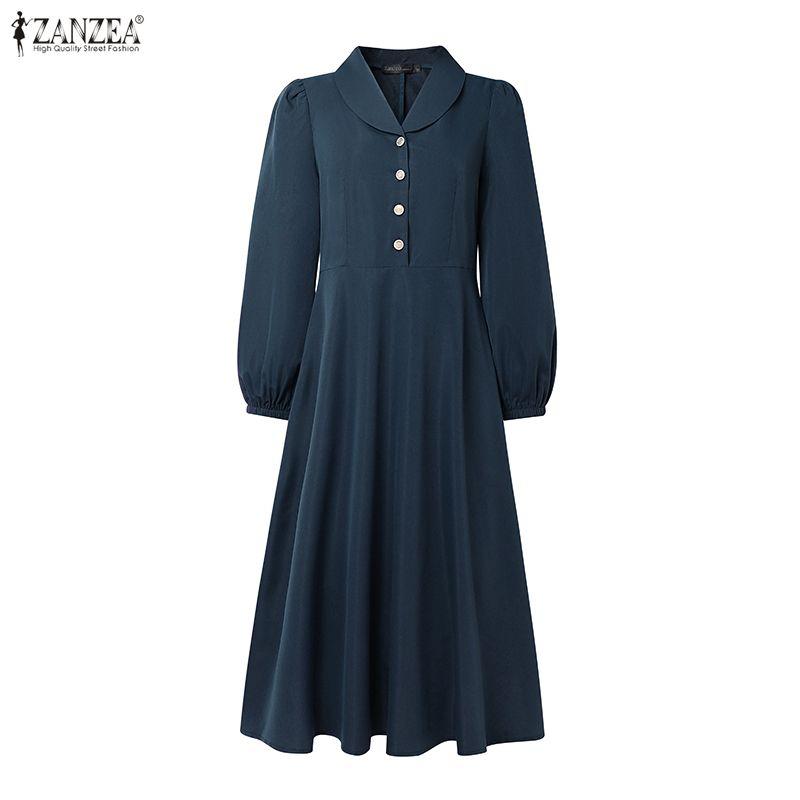 ZANZEA Women Casual Turn Down Collar Long Sleeve Loose Dress