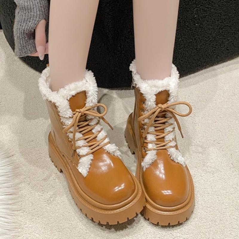 Women Ankle Platform Snow Boots High Heels Fur Warm Shoes Woman Winter 2025 Trend Chelsea Leather Shoes Fad Lace Up Botas Mujer
