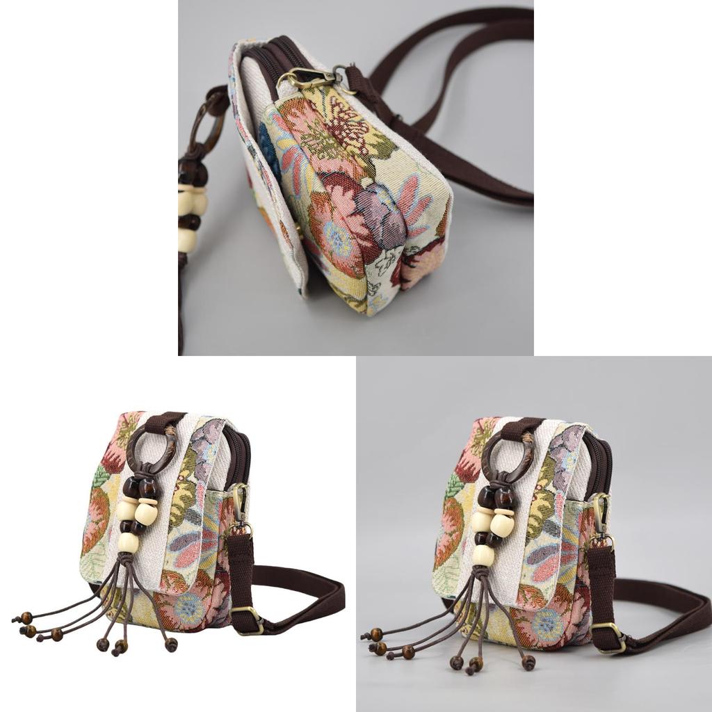 Vintage Ethnic Style Handcrafted Beaded Fringe Canvas Shoulder Bag With Organizer For Daily Use