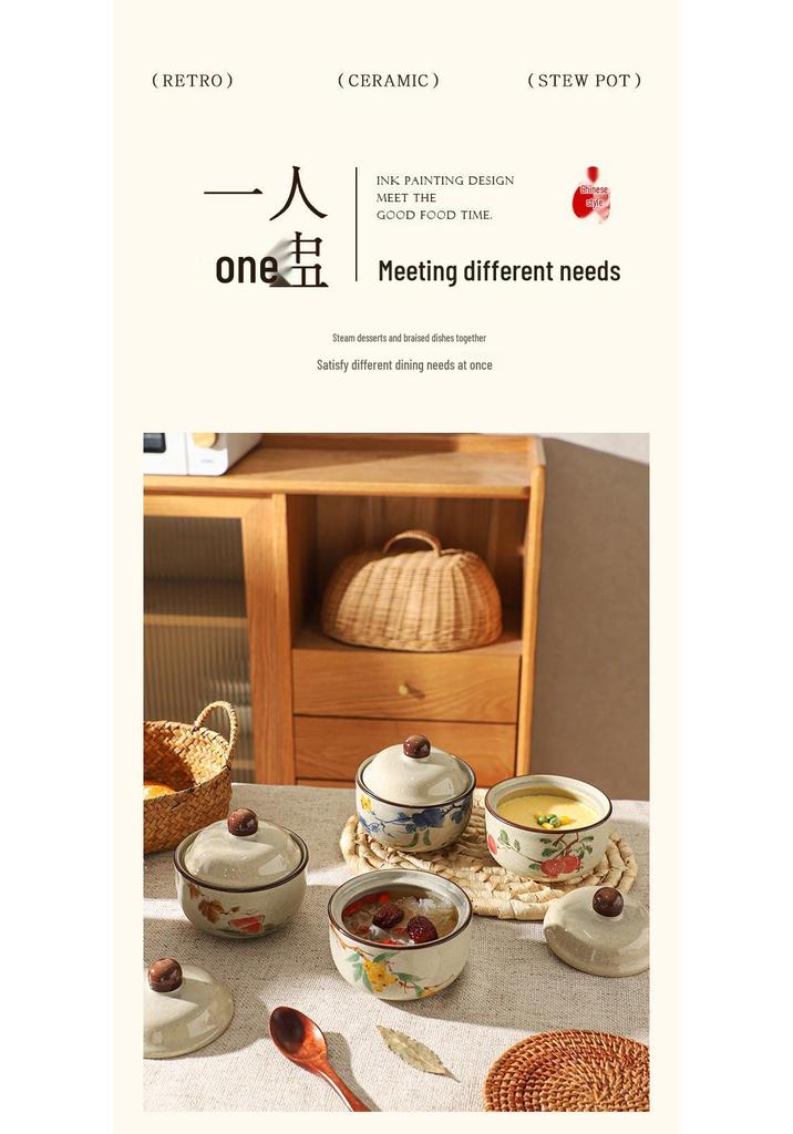 Retro Chinese Ink Wash Style Ceramic Stew Pot with Lid - Single Serving Double Boiler and Steamed Egg Bowl.