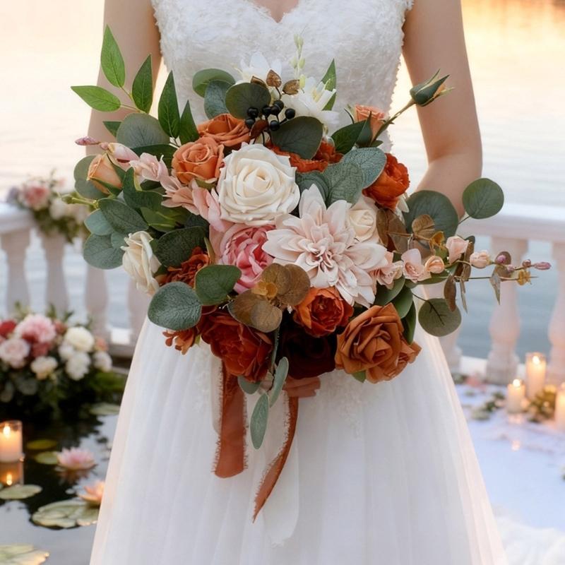 Realistic Caramel Bridal Bouquets Artificial Roses Fall Wedding Decoration Handmade Silk Flower For Home Elegant Party