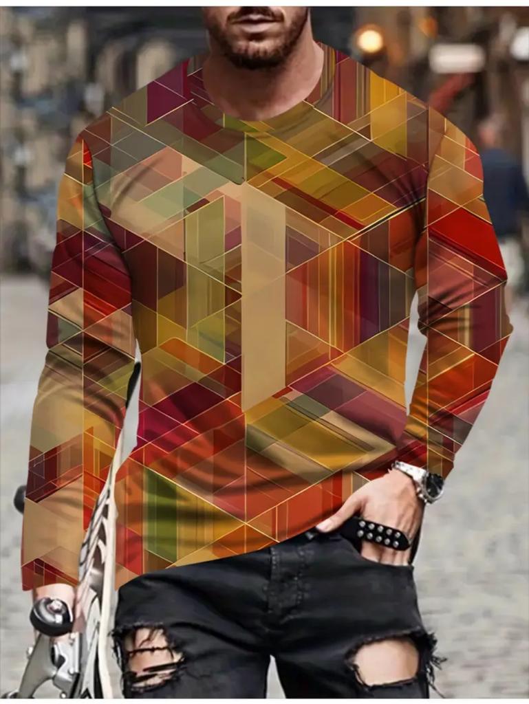 Vintage T-Shirt for Men Patchwork Grid Graphic T Shirts 3D Print Long Sleeve Tee Oversized Man Clothing Tops Creative Clothing