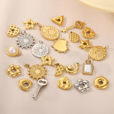 CARLIDANA Stainless Steel Gold Plated Flower Sun Moon Heart Key Star Charms Round Pendants for DIY Jewelry Making Necklaces
