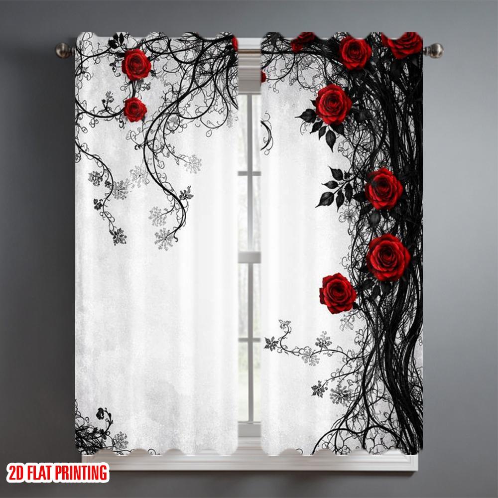 2D Flat Printing 2pcs Curtain Curtains Valentine's Red Roses Design Digital Printed Polyester Drapes Holiday Decorations for
