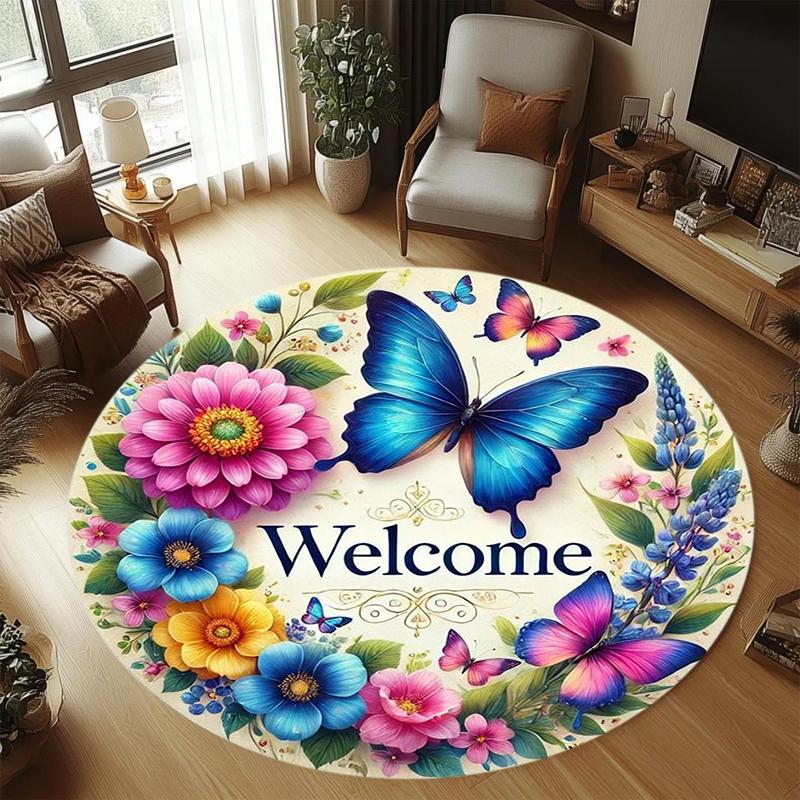 1 Charming Butterfly and Sunflower Circular Floor Mat Non Slip Washable Decorative Floor Embellishment for Living Room Bedroom