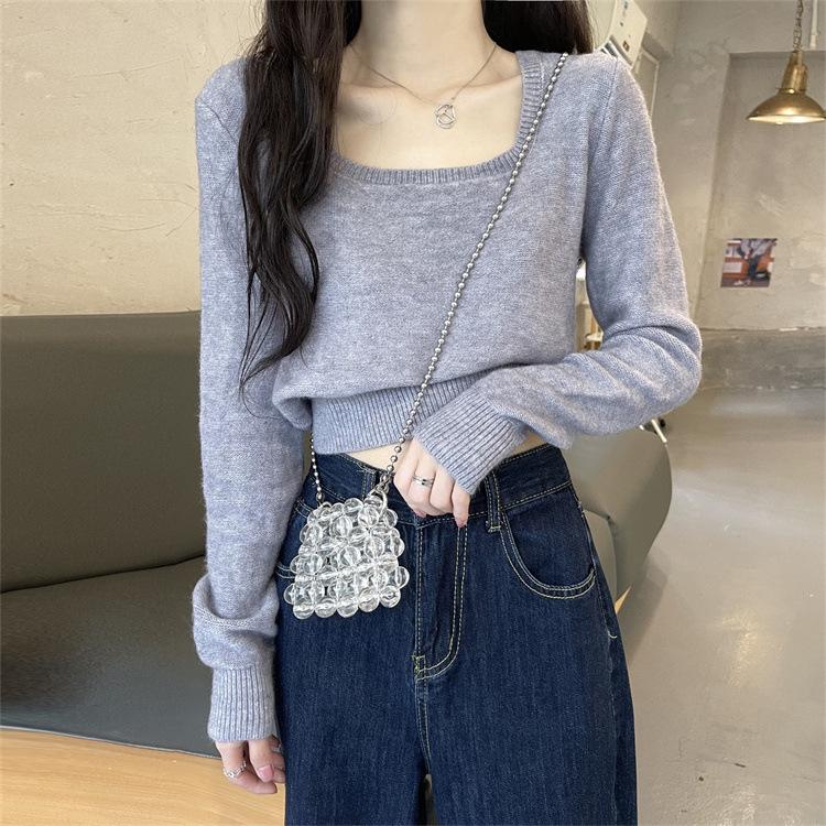 White knitted sweater women's autumn inner square collar short new design T-shirt