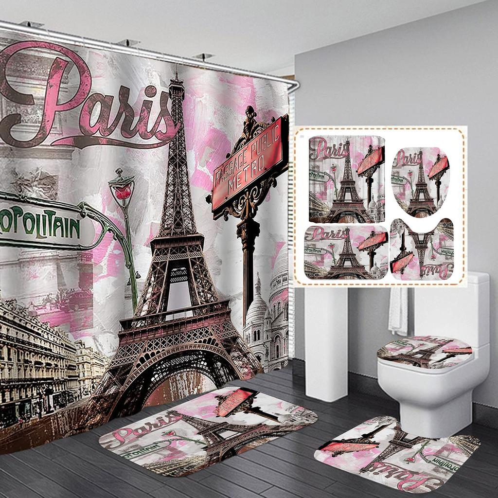 Paris Eiffel Tower Shower Curtain Set With Rugs Waterproof Curtain Bathing Screen Anti-Slip Toilet Lid Cover Rugs Bathroom Decor