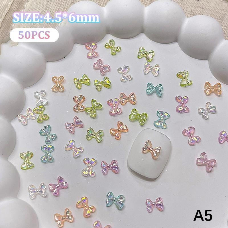 50Pcs Manicures Decoration Charm Colorful Bow Nail Art Accessory Illusionary AB Color Resin Ribbon Bows