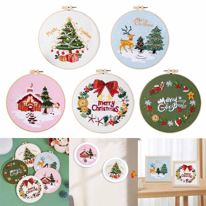 Christmas Pattern CrossStitch Kits Embroidery Starter DIY Kits with Embroidery Clothes Hoop Thread Needle for Beginner