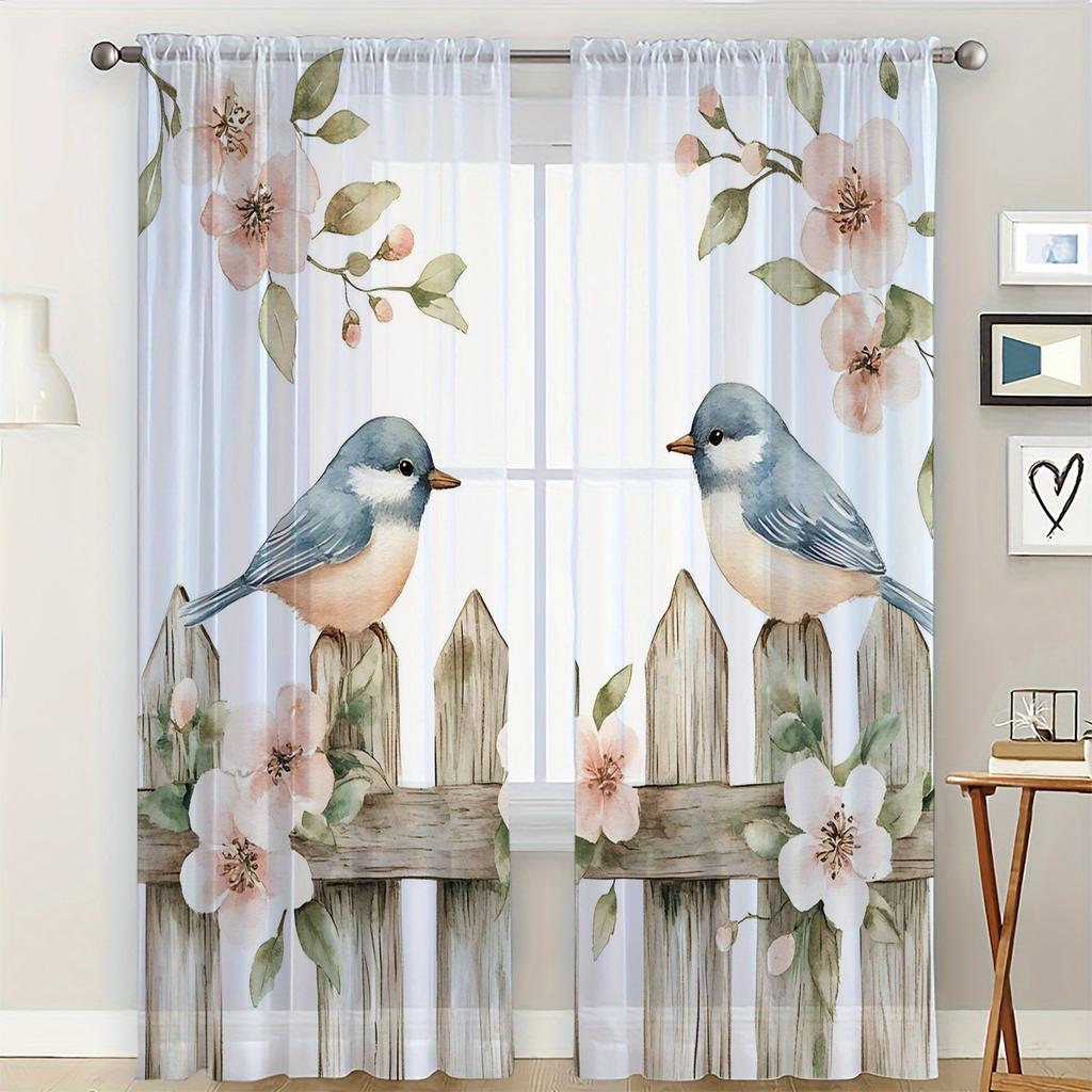 Set Of 2 Hd Digital Plant Bird Printed Window Screen Home Decor Style Decoration Living Room Bedroom Rod Curtain For Made Polyester