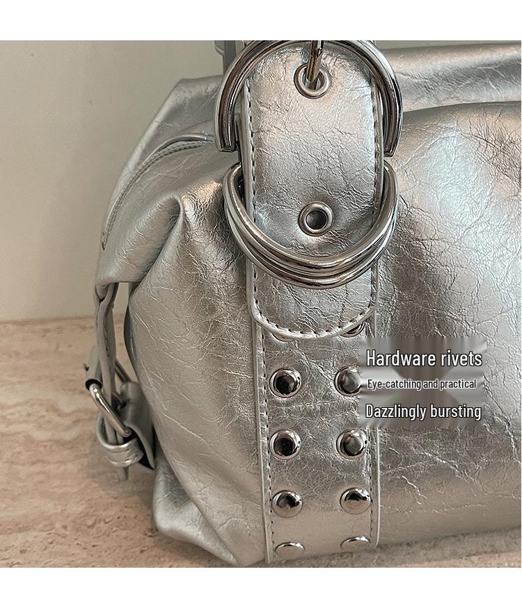 Korean Style Rivet Handbag: Large Capacity, Versatile Shoulder & Underarm Bag for Women - High-Quality, Trendy Motorcycle Design
