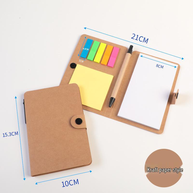 Button-Style Kraft Paper Sticky Note Pad with Pen Holder and Logo Print