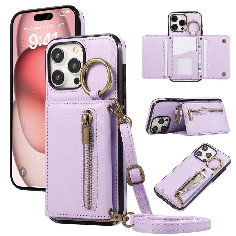 Crossbody Zipper Wallet Ring Kartenhalter Handyhülle für iPhone 16 SE 16 15 14 13 12 11 Pro Max XS X XR 7 8 Plus Lederhülle